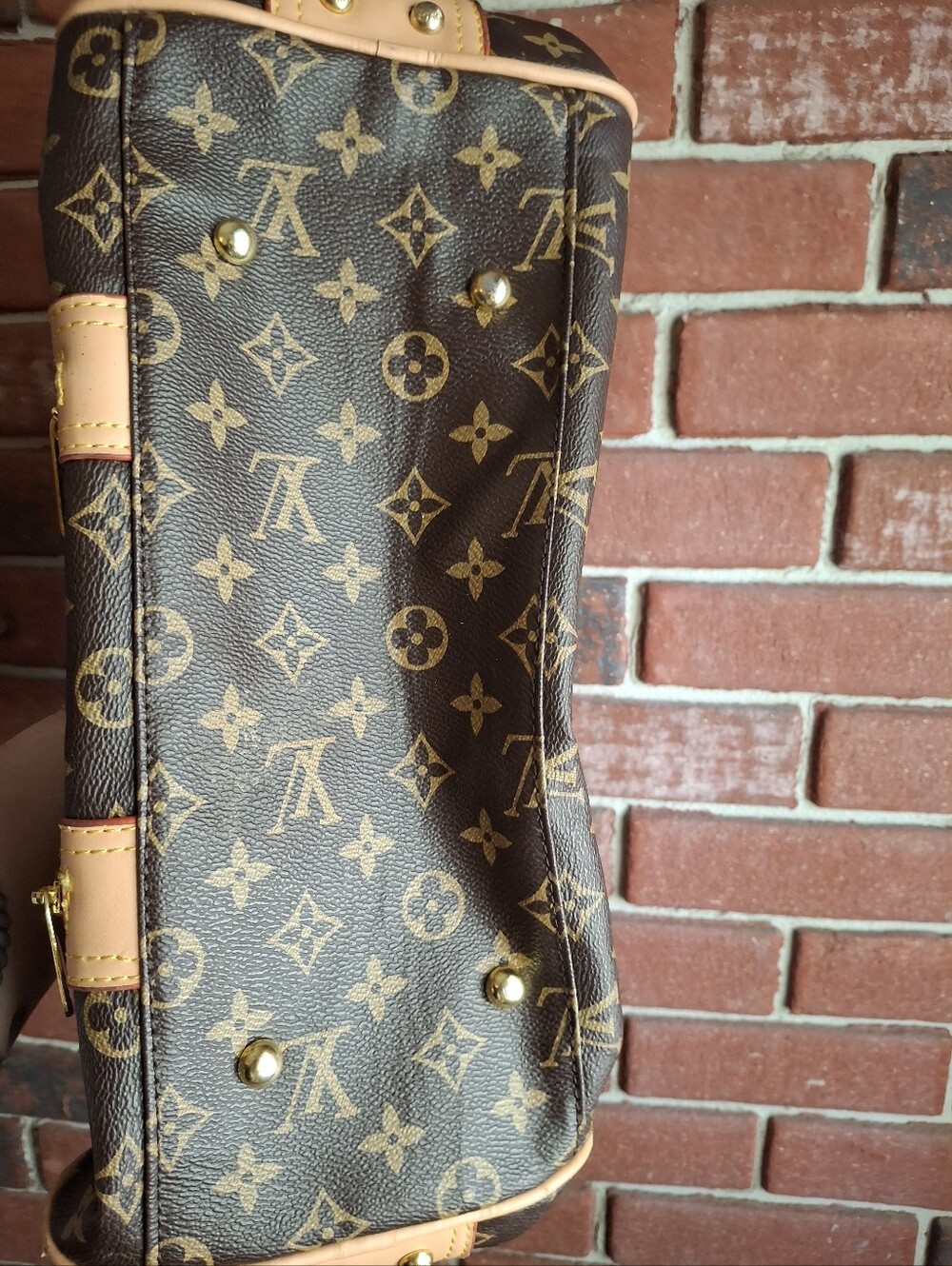 Designer Inspired Monogram Tote with Gold Plate and Tan Trim - Picture 5 of 8